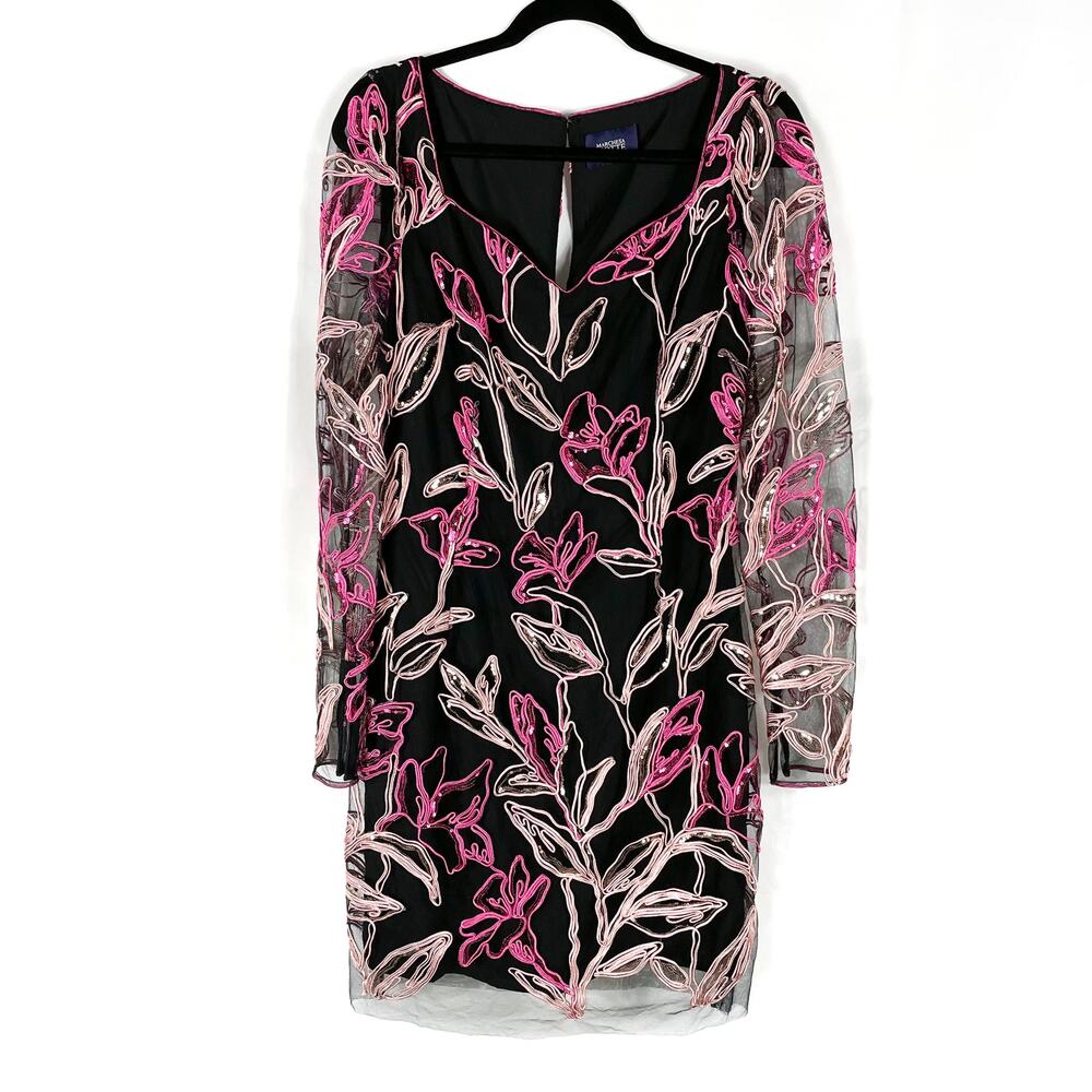 Marchesa Mini Dress Black Pink Applique Sequins Floral‎ Long Sleeve Sz 6